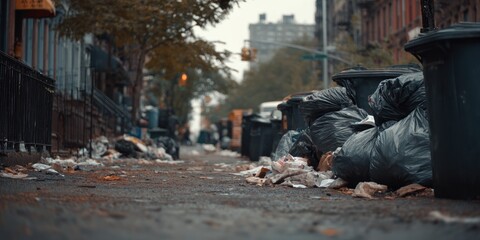 Street Litter and Overflowing Trash Bins in Urban Decay.