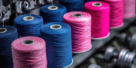 Vibrant spools of thread in a textile factory setting.