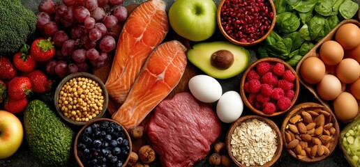 Healthy food selection with protein, vitamins, and nutrients.