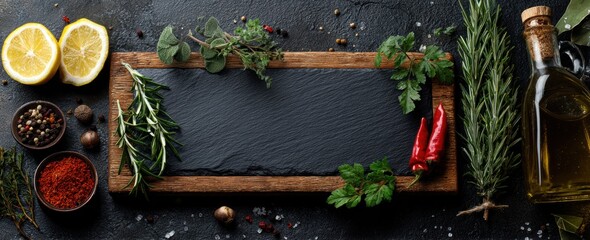 Culinary herbs and spices frame a slate cutting board.