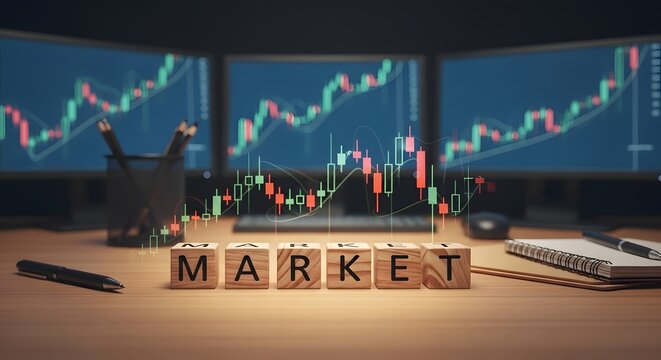Analyze market trends with this modern workspace featuring stock charts, inspiring financial success and smart investment decisions for your business growth