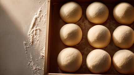 Perfectly rounded dough balls arranged neatly on a floured baking sheet in minimalist kitchen setting