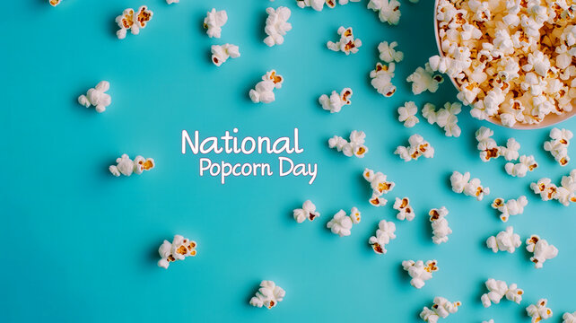 Minimalist Flat-lay composition of white ceramic bowl with popcorn, popcorn scattered across pastel blue surface, clean text “National Popcorn Day”. Trendy Banner for social media