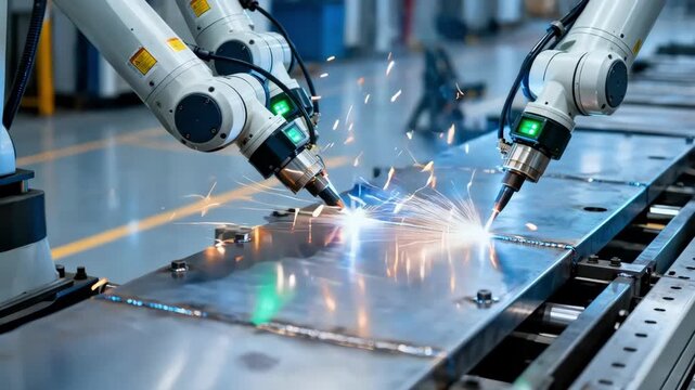 Close medium shot of robotic welding arms equipped with sensors ensuring consistent highquality welds on varied metal surfaces within a fully automated production environment.