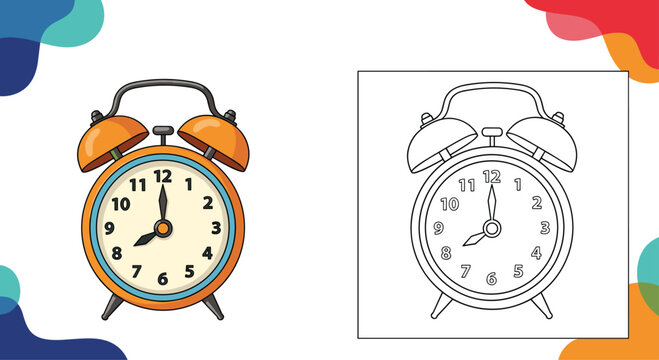 Colorful cartoon alarm clock illustration shown next to its black and white line art version for a children's coloring page.