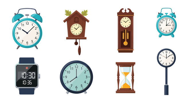 Collection of various types of clocks and timepieces including an alarm clock cuckoo clock and hourglass in a flat design.