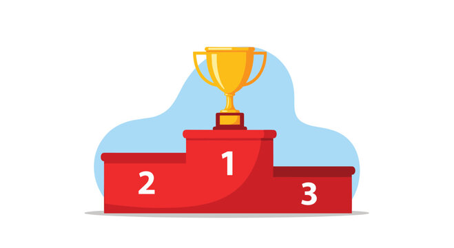 Golden trophy cup sitting on the first-place spot of a red winners podium representing success and achievement in competition.