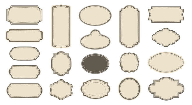 A large collection of vintage blank labels and frames in various shapes and sizes with stitched borders perfect for product branding.