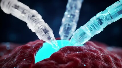 Medical teamwork of advanced robotic instruments delivering precision cellular therapy at a microscopic level, symbolizing future medicine.