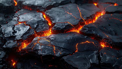 Close up of glowing hot coals with bright orange embers and dark charcoal pieces.