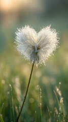 Dreamy dandelion seed head glistening with dew drops in golden morning light