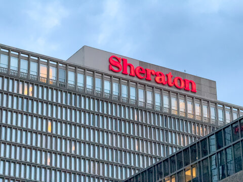 Denver, Colorado, USA - 2 June 2025: Exterior view of the Sheraton hotel in downtown Denver