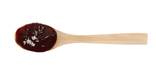 Plum jam spread, fruit marmalade in wooden spoon isolated on white background, top view