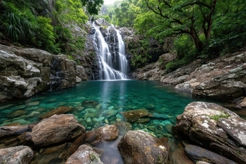 Fototapeta premium Tranquil Waterfall Cascading into a Clear Pool