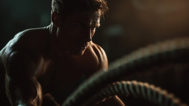 Focused athlete training hard with battle ropes in dark gym setting