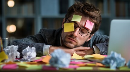Exhausted professional asleep at desk covered in sticky notes and crumpled paper