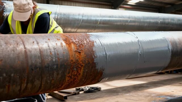 Medium shot of an industrial worker rolling a protective coating evenly over a large pipeline showcasing efficient manual application techniques for rust prevention.