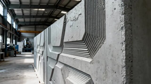 Medium shot of an industrial 3D printed concrete wall showcasing layered textures and precise construction in a factorylike setting.