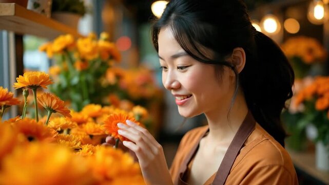 happy young asian woman florist smiling in her flower shop. she is surrounded by vibrant orange chrysanthemums. small business and entrepreneurship concept.