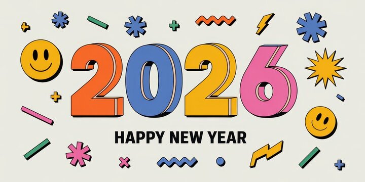 Colorful Happy New Year 2026 design in pop art style. Bold retro banner with geometric shapes. Fun and trendy vector illustration for greeting cards, posters, social media, and festive design projects