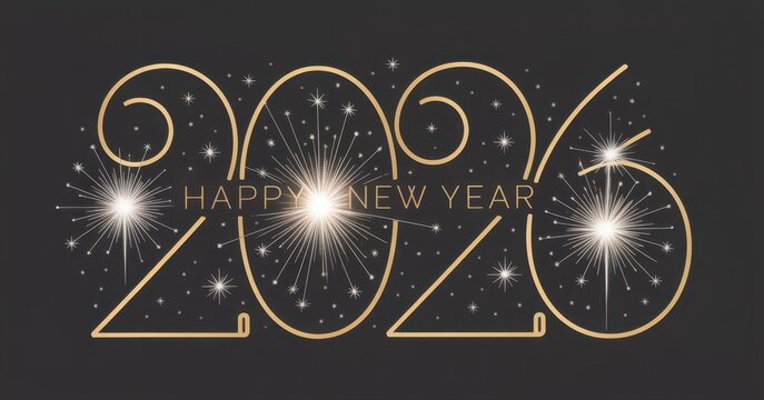 Happy New Year 2026 eve line design loading sparkle firework , golden white black vector wallpaper greeting card
