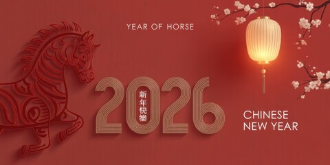 Elegant Chinese New Year 2026 design featuring a horse illustration and traditional lantern for festive greetings and celebrations