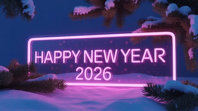 Close-Up of Glowing Neon Happy New Year 2026 Sign with Snow Reflections