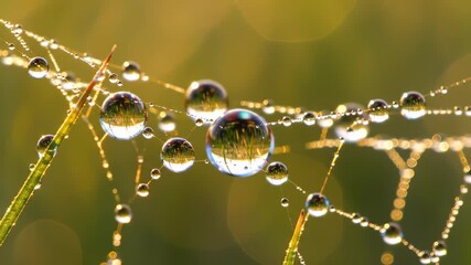 Morning dew illuminates a delicate spider web with glistening water drops, captured in a serene macro close-up of nature's pristine freshness during sunrise. - Powered by Adobe