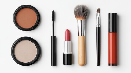 Flat lay of assorted makeup tools and cosmetics on white background.