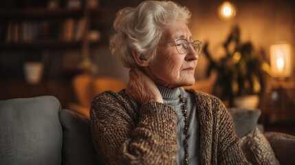 Portrait of elderly woman with glasses sitting thoughtfully in cozy living room.