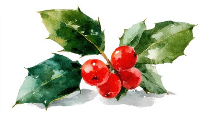 Watercolor holly leaves and red berries painted in festive style