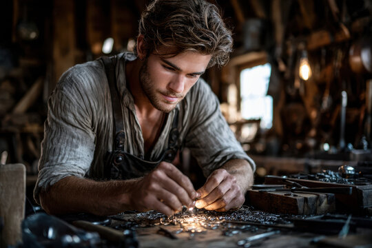Craftsman Working on Metal in Workshop