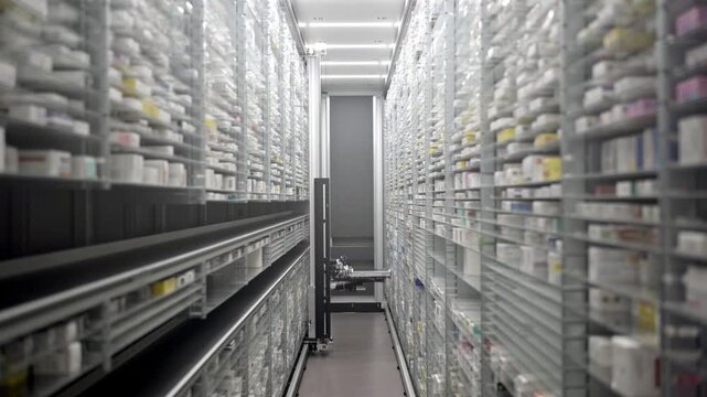 A pharmacy storage room and a robot hand are arranging and store out drugs in a pharmacy.