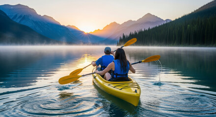 Kayaking adventure on tranquil lake at sunrise