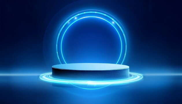 Empty Blue Podium Floating In The Air With Blue Neon Ring On Background Magic Fantasy Portal Magic Circle Teleport Podium With Hologram Effect Abstract High Tech Futuristic Technology Design