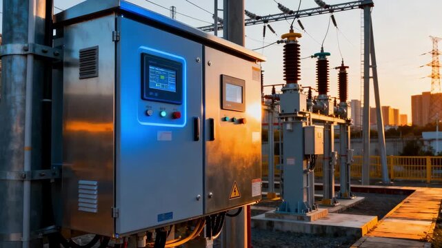 Medium shot of automated substation devices in an urban setting adjusting grid parameters for efficient energy management during peak demand hours.