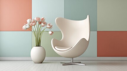 Pastel modern interior with sculptural chair and soft color wall