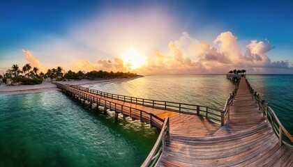 Fototapeta premium Panorama View Of Footbridge To The Smathers Beach At Sunrise Key West Florida