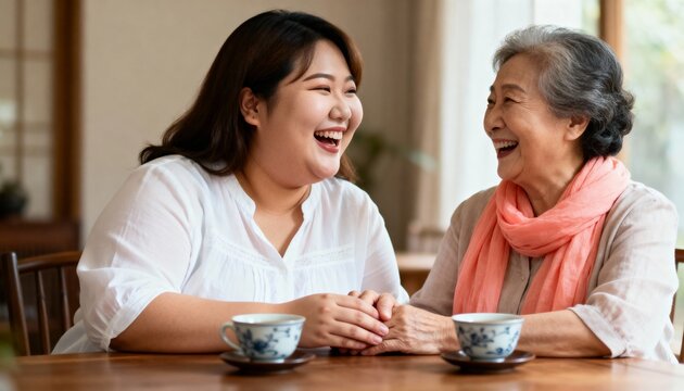 Happy Asian senior mother and adult daughter laughing together at a table. Two women holding hands and sharing a joyful moment. Intergenerational family bonding and elder care concept