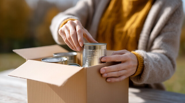 Volunteers putting various dry food in donation box for help people.