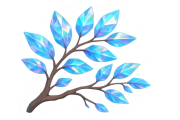 Fantasy branch growing luminous blue crystal leaves, magic plant, shining magical gems, sparkling fairytale element