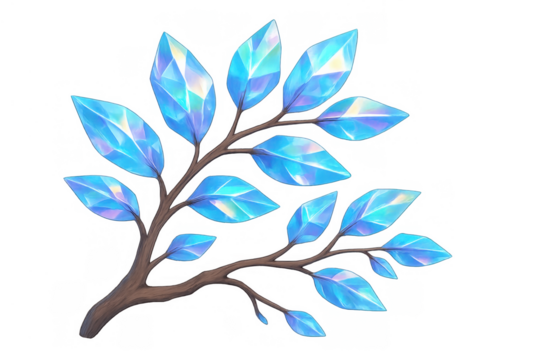 Fantasy branch growing luminous blue crystal leaves, magic plant, shining magical gems, sparkling fairytale element