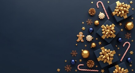 Festive Christmas Background with Gifts and Ornaments on Dark Blue