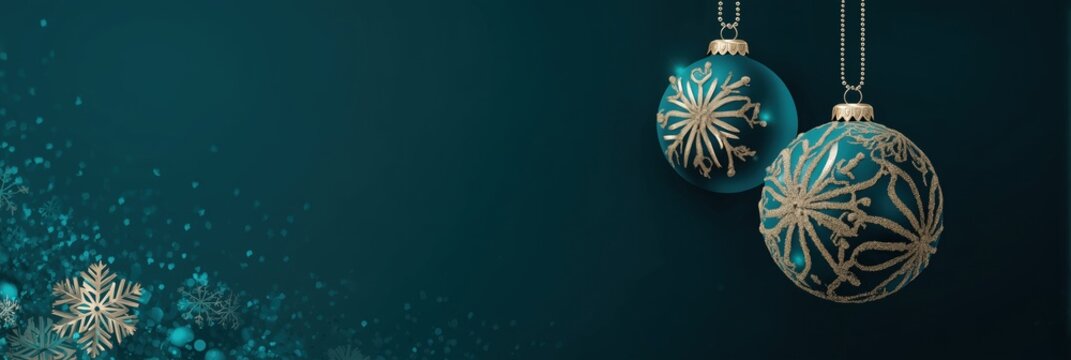 a horizontal banner with a dark teal background, adorned with two elegant hanging christmas ornaments and delicate snowflakes in the bottom left corner Generative AI