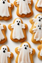 Biscotti a forma di fantasmi decorati per Halloween, con glasse bianche e occhi neri di cioccolato. Vista dall'alto su sfondo bianco trasparente.