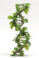 Doppia elica del DNA, realizzata interamente con elementi vegetali, come rami e foglie per indicare la fusione tra natura e scienza. Sfondo trasparente.