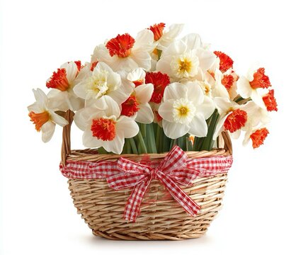 Cesto di vimini colmo di narcisi bianchi con cuori rossi. Isolata su sfondo trasparente bianco.