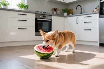 In a bright kitchen, a playful corgi enjoys refreshing watermelon, surrounded by modern decor and vibrancy