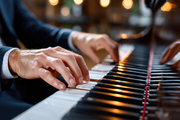 Musician performing on a grand piano in an intimate setting during an evening event
