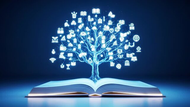 Online learning: Digital education knowledge tree glowing with technology icons from an open book, symbolizing future virtual classrooms and innovation.